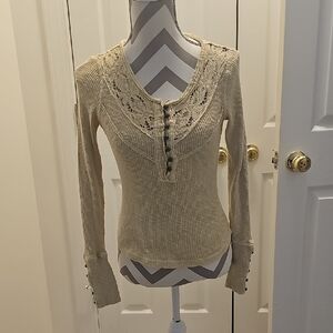 Free People Cream Fitted Long Sleeve Blouse